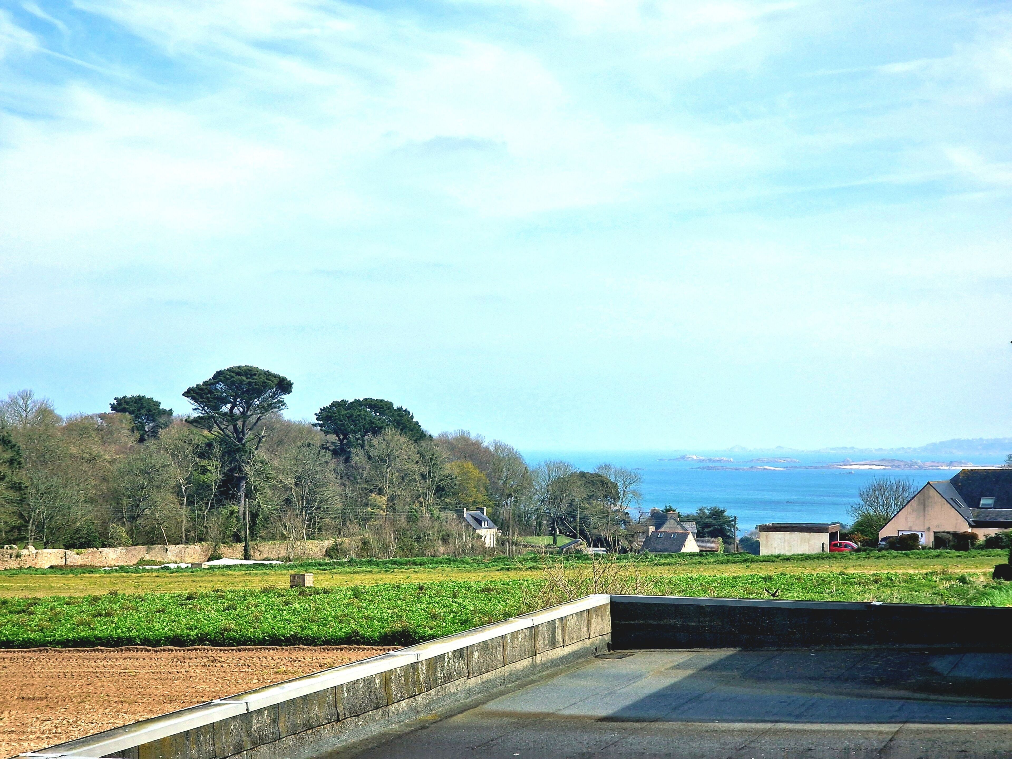 A coastal landscape with fields, trees, and houses.