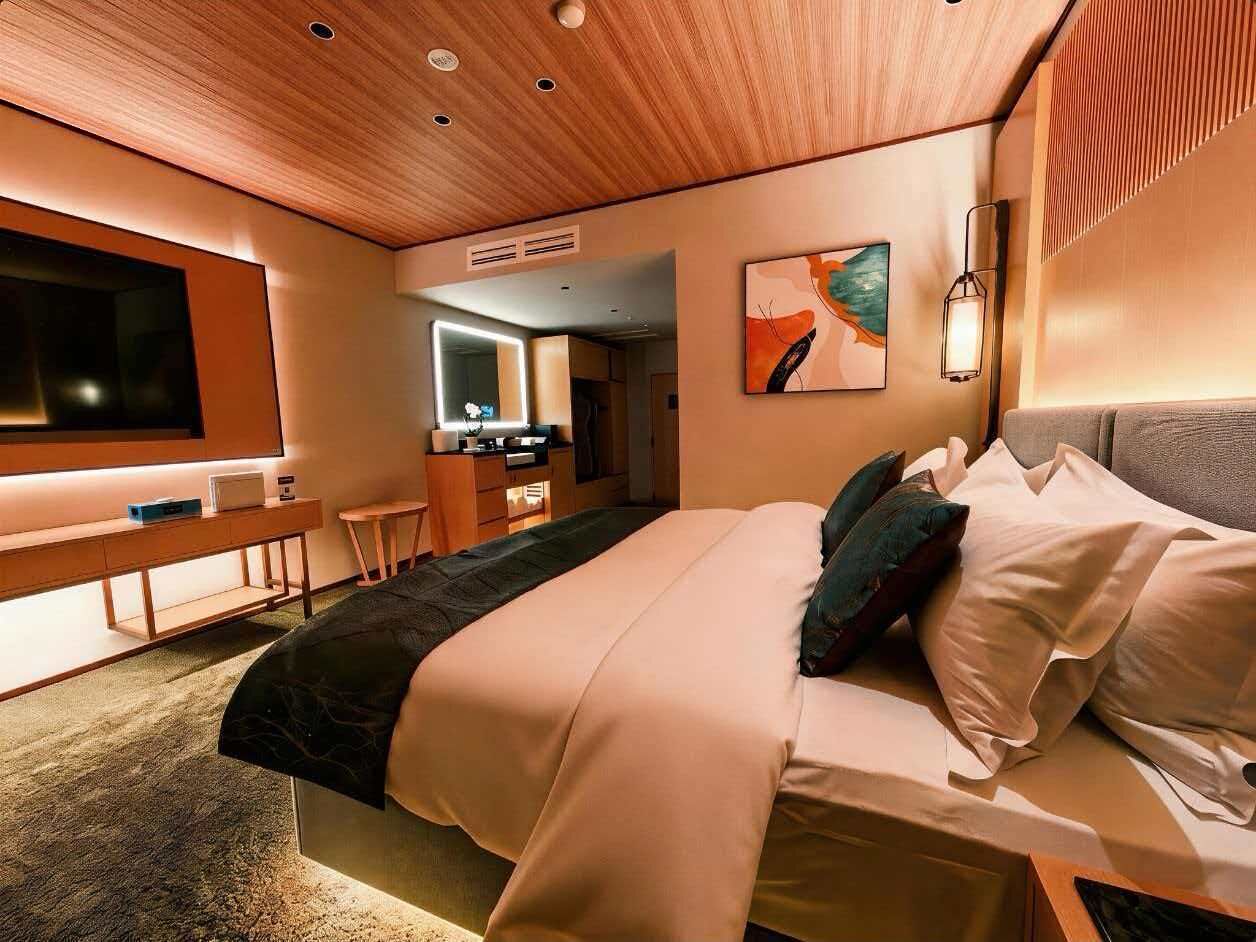Een moderne hotelkamer met een bed, nachtkastje, televisie, bureau en stoel.