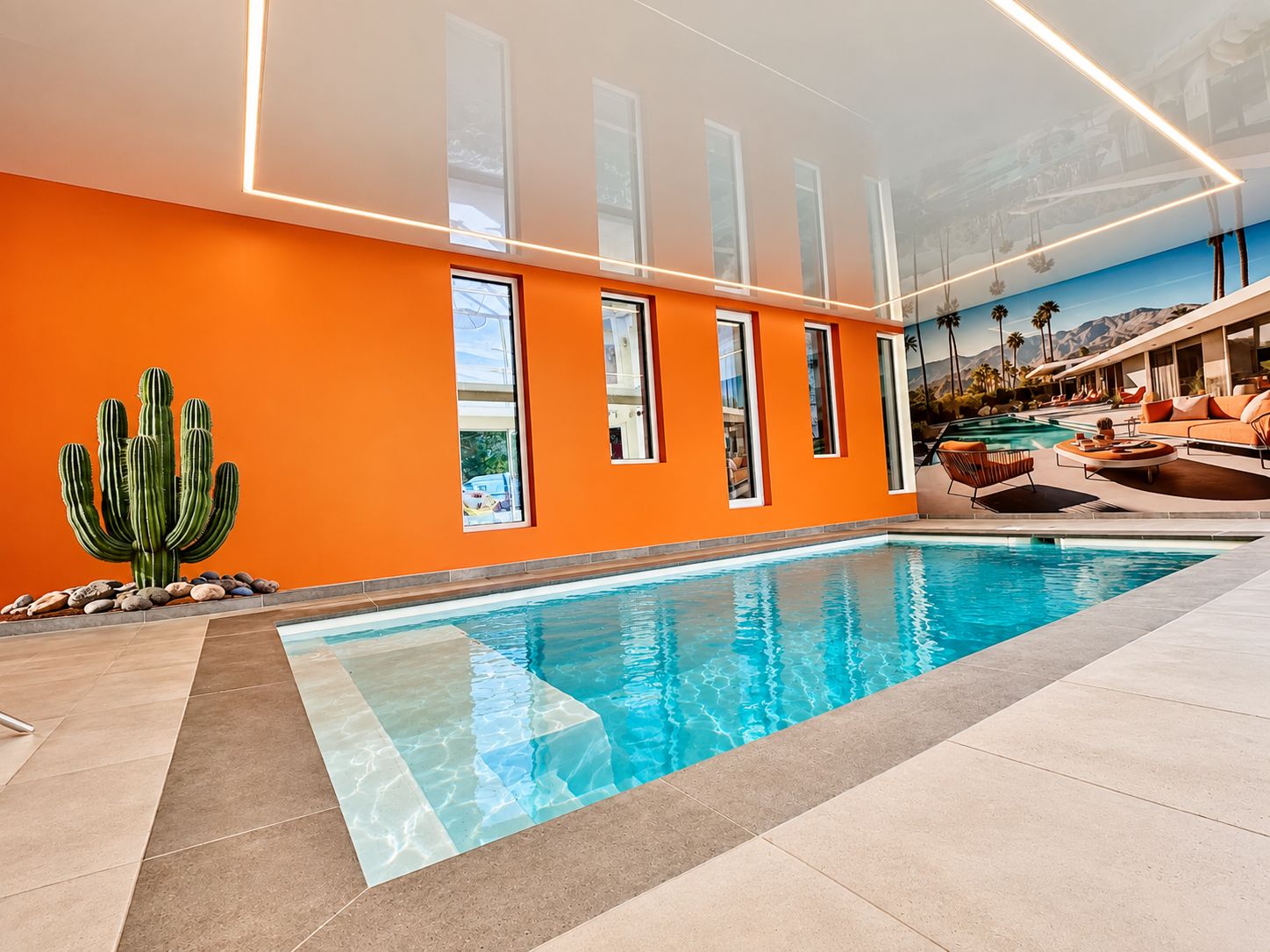An indoor swimming pool with a modern design, featuring a large cactus plant and a view of a desert landscape through the windows.