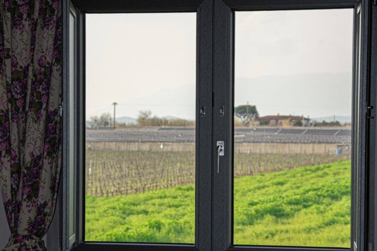 A window with a view of a green field and distant buildings.