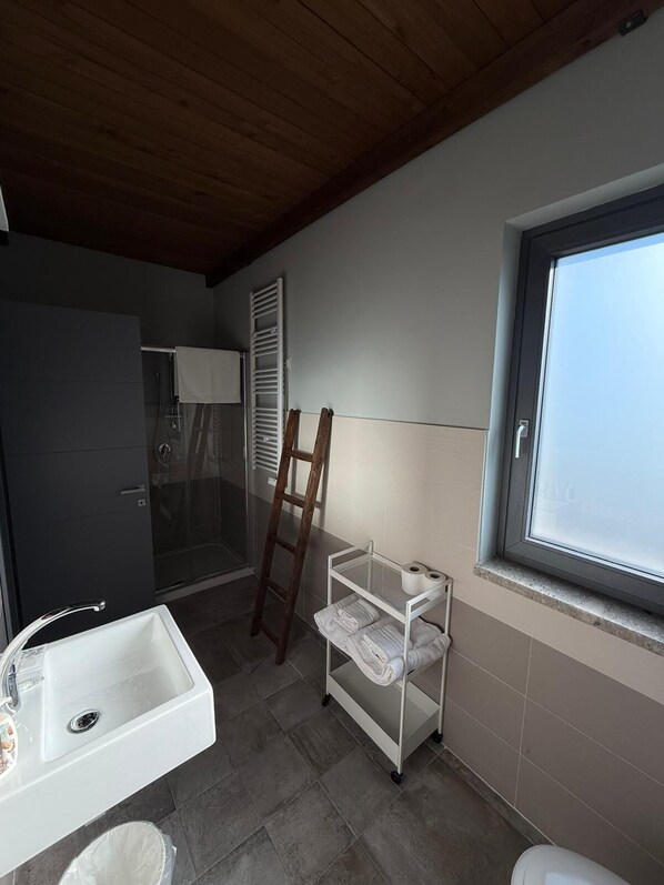 Un baño con ducha, lavamanos, toallero y ventana.