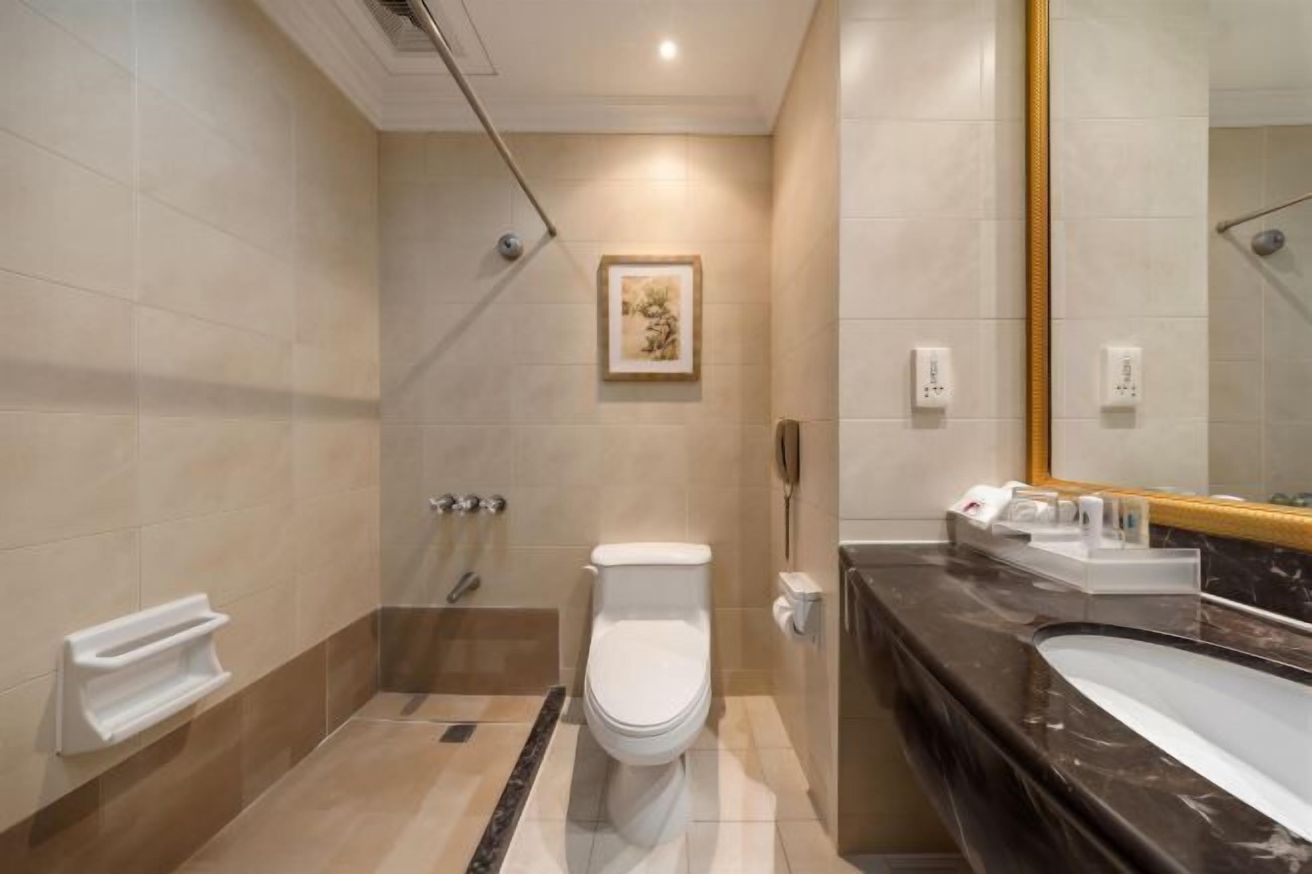 A modern bathroom with a toilet, shower, and sink, featuring a marble countertop and a framed artwork on the wall.