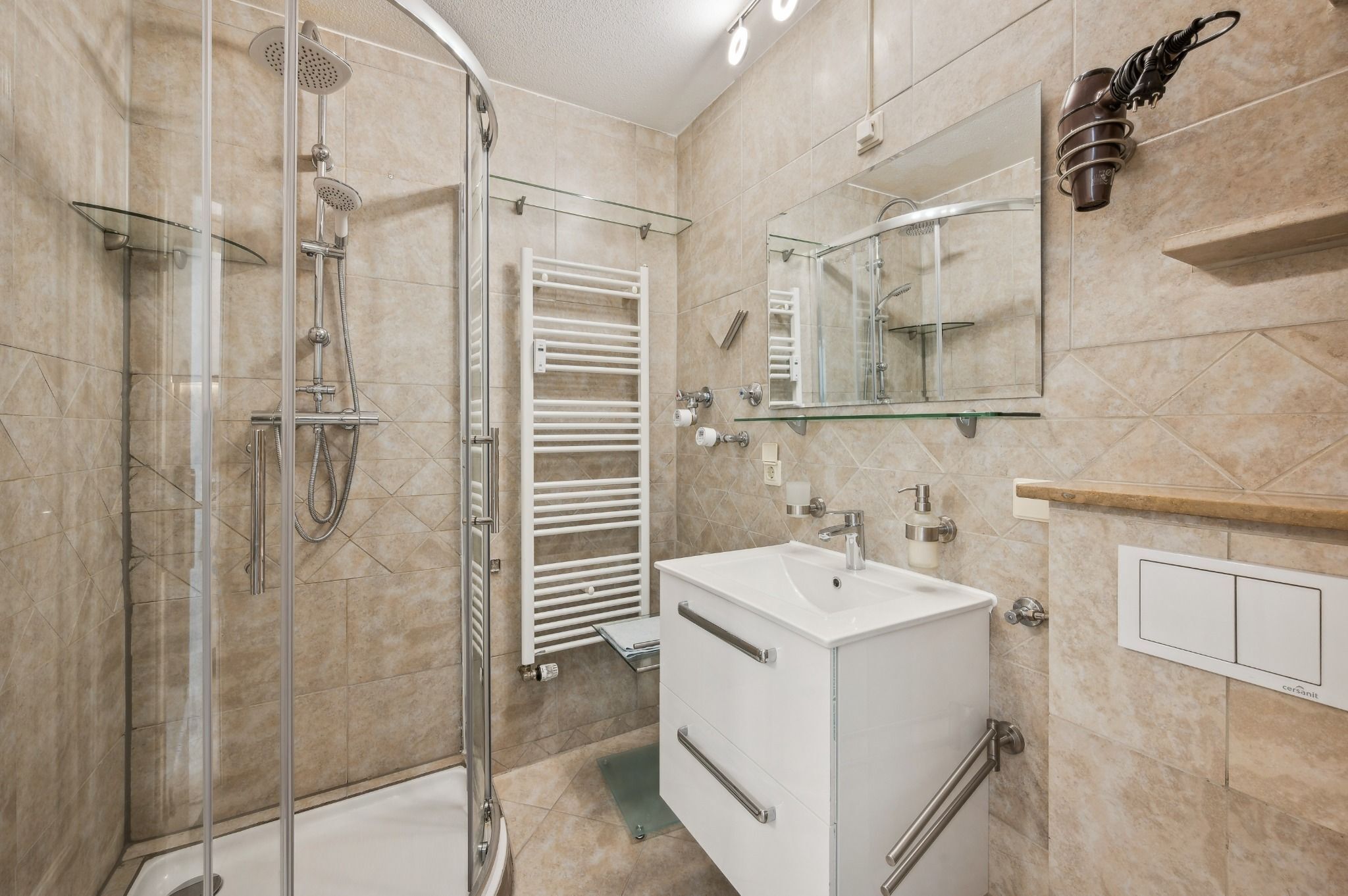 Hair dryer, towels, soap, toilet paper