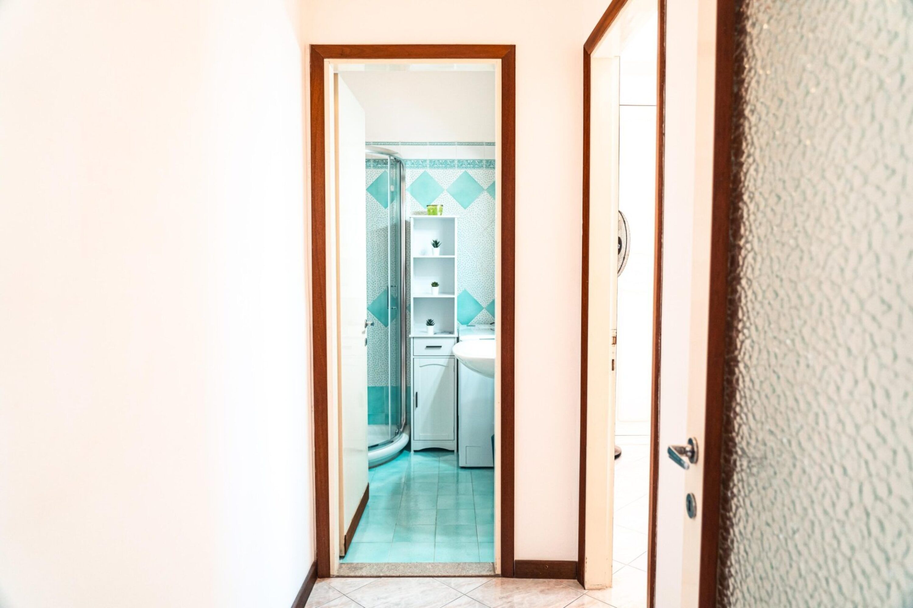 A hallway leading to a bathroom with a shower, a sink, and a toilet.