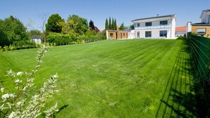 A well-maintained lawn with a modern house in the background.