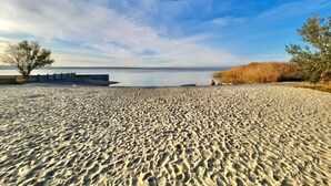 Une plage de sable fin, avec une étendue d’eau calme, une clôture en bois et quelques plantes.