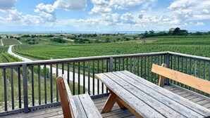 Une terrasse en bois avec un banc, donnant sur un vignoble.