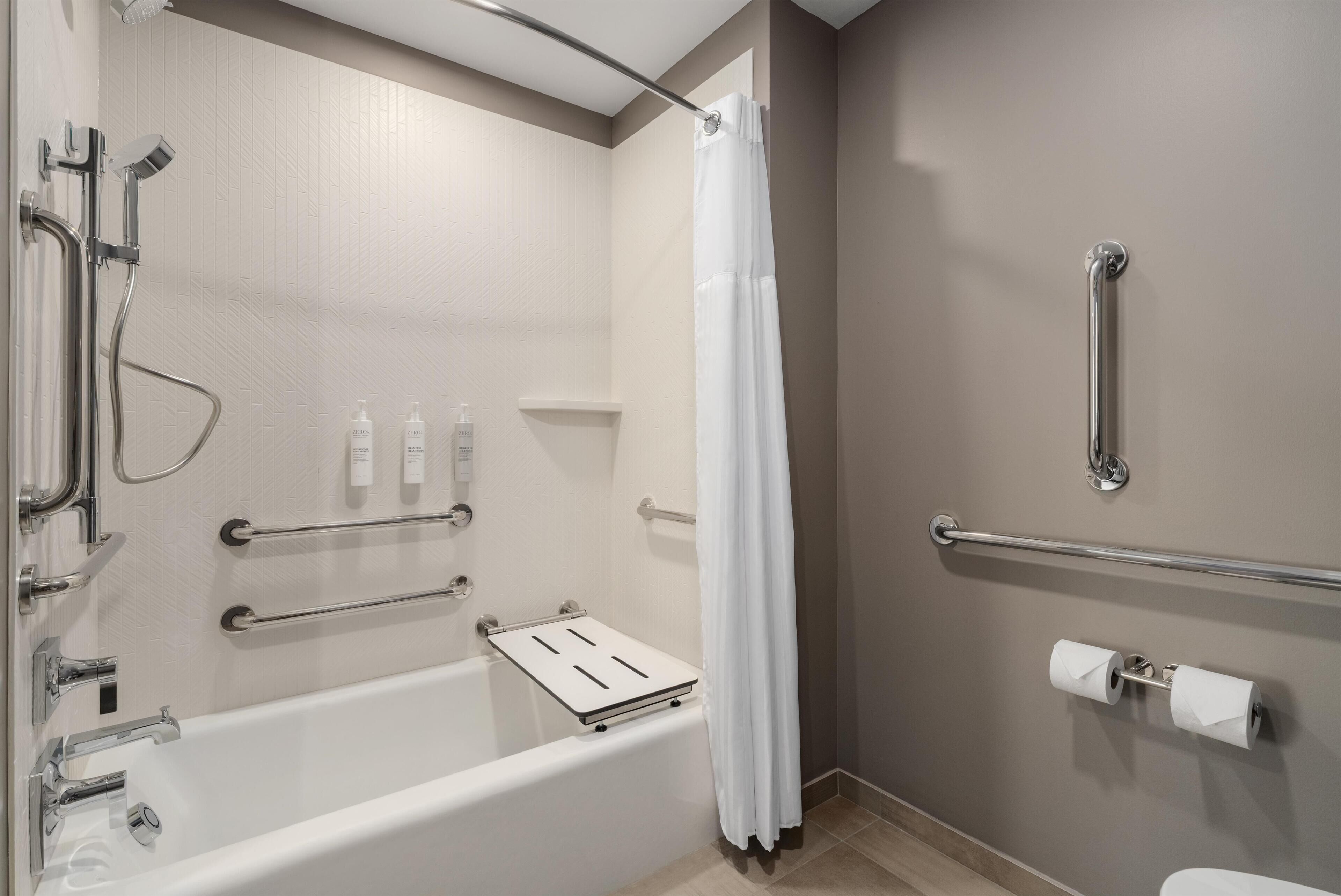 Hair dryer, towels, soap, shampoo