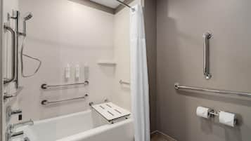 Hair dryer, towels, soap, shampoo