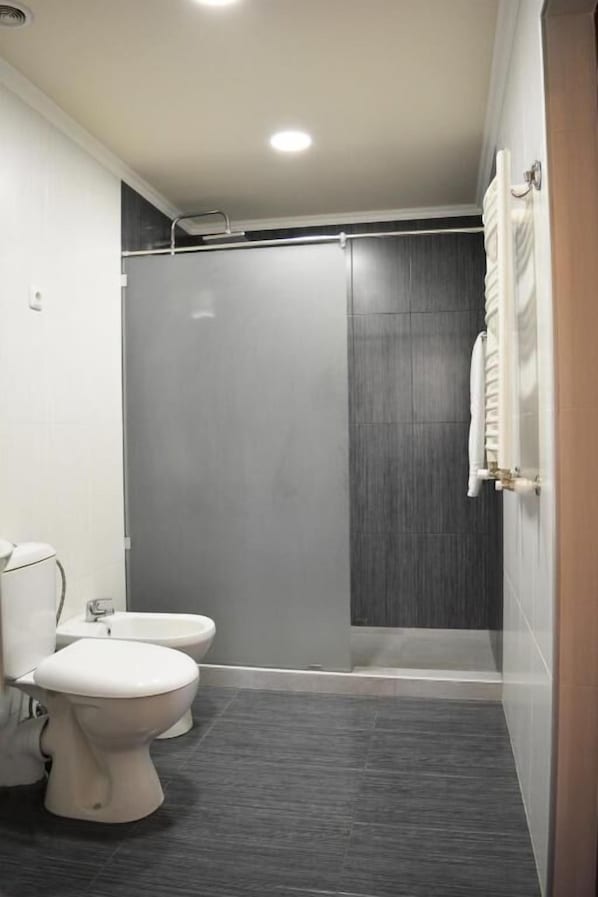 Shower, free toiletries, hair dryer, slippers