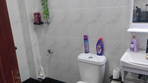 A bathroom with a toilet, a sink, a mirror, and a shower area. - Modern Cosy Studio in Ruaka Near Two Rivers Fast WiFi and fParking,24/7 Security (Nairobi)