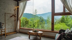 Ein Zimmer mit großem Fenster, einem Holztisch mit Pflanze, einem Wandhaken und einem gemusterten Teppich.