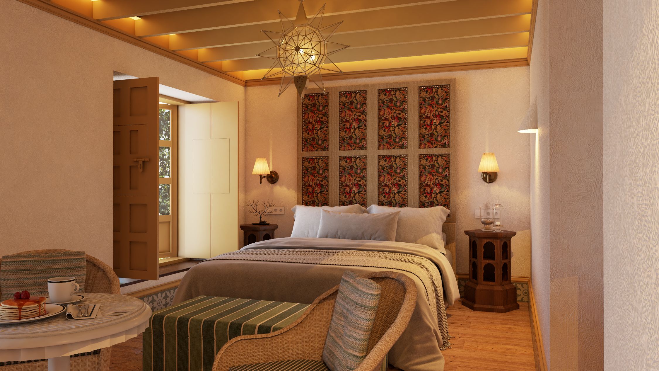 Una habitación de hotel con una cama, una mesa para desayunar, una silla y una decoración en la pared.