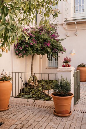 A courtyard with a potted tree, a small garden bed, and a metal fence. - Hotel Casa Góngora - Relais & Châteaux (Villanueva del Ariscal)