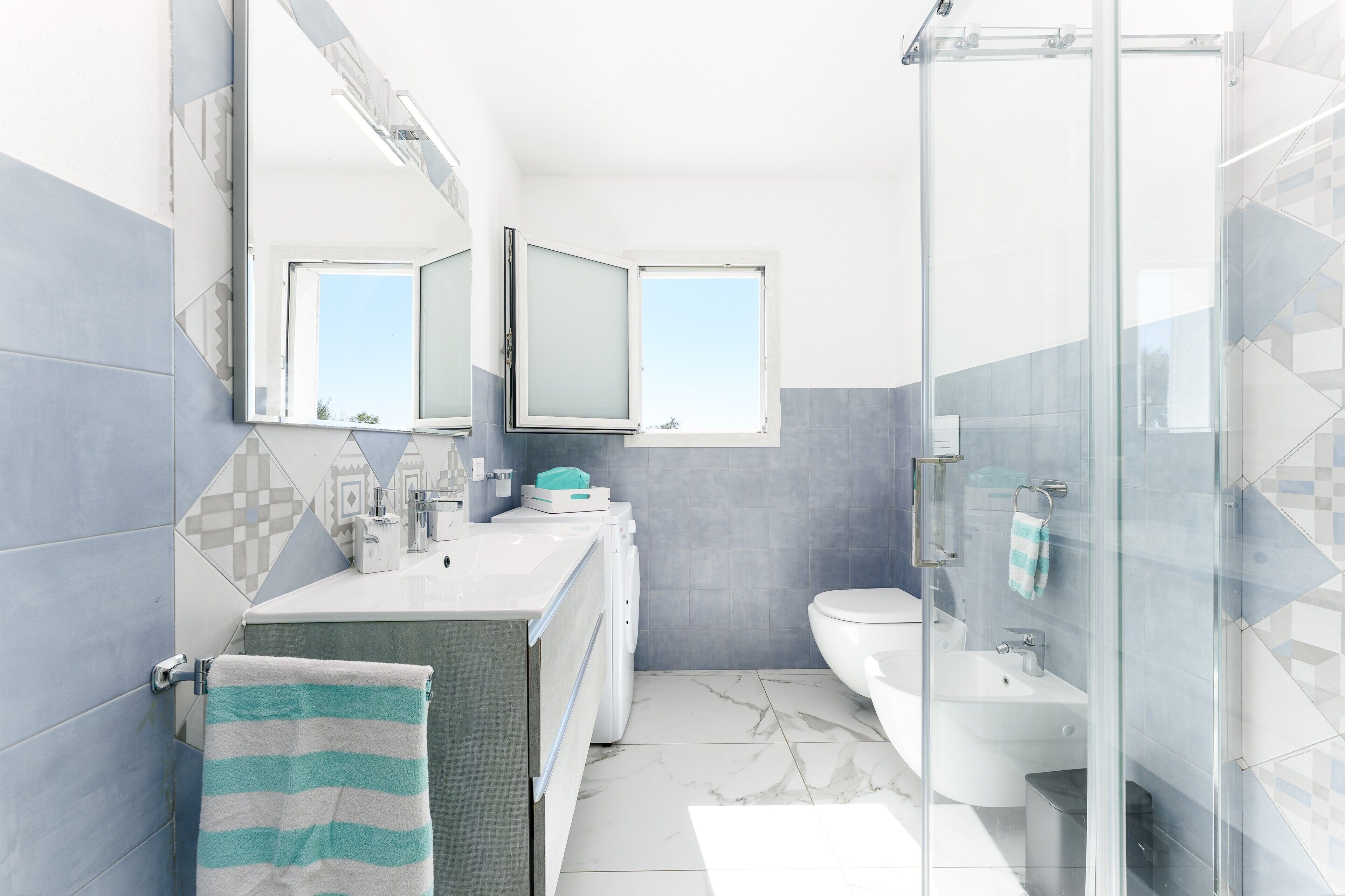 Shower, hair dryer, towels