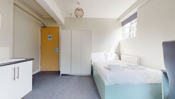 Una habitación de hotel con cama, escritorio y armario.