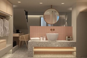 豪華套房 | 浴室 | 淋浴設備、吹風機、毛巾、肥皂
