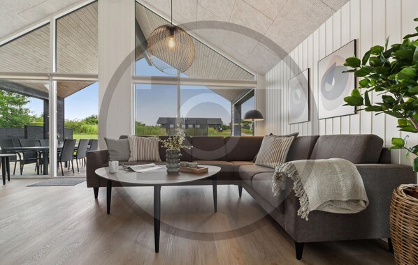 A modern living room with a sofa, coffee table, and a hanging light fixture. - Amazing home in Bogense with sauna (Bogense)