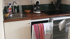 A kitchen with a sink, a microwave, a kettle, and a dishwasher. - Studio near the Dordogne river, close to all amenities. Pastoral setting, (Argentat-sur-Dordogne)