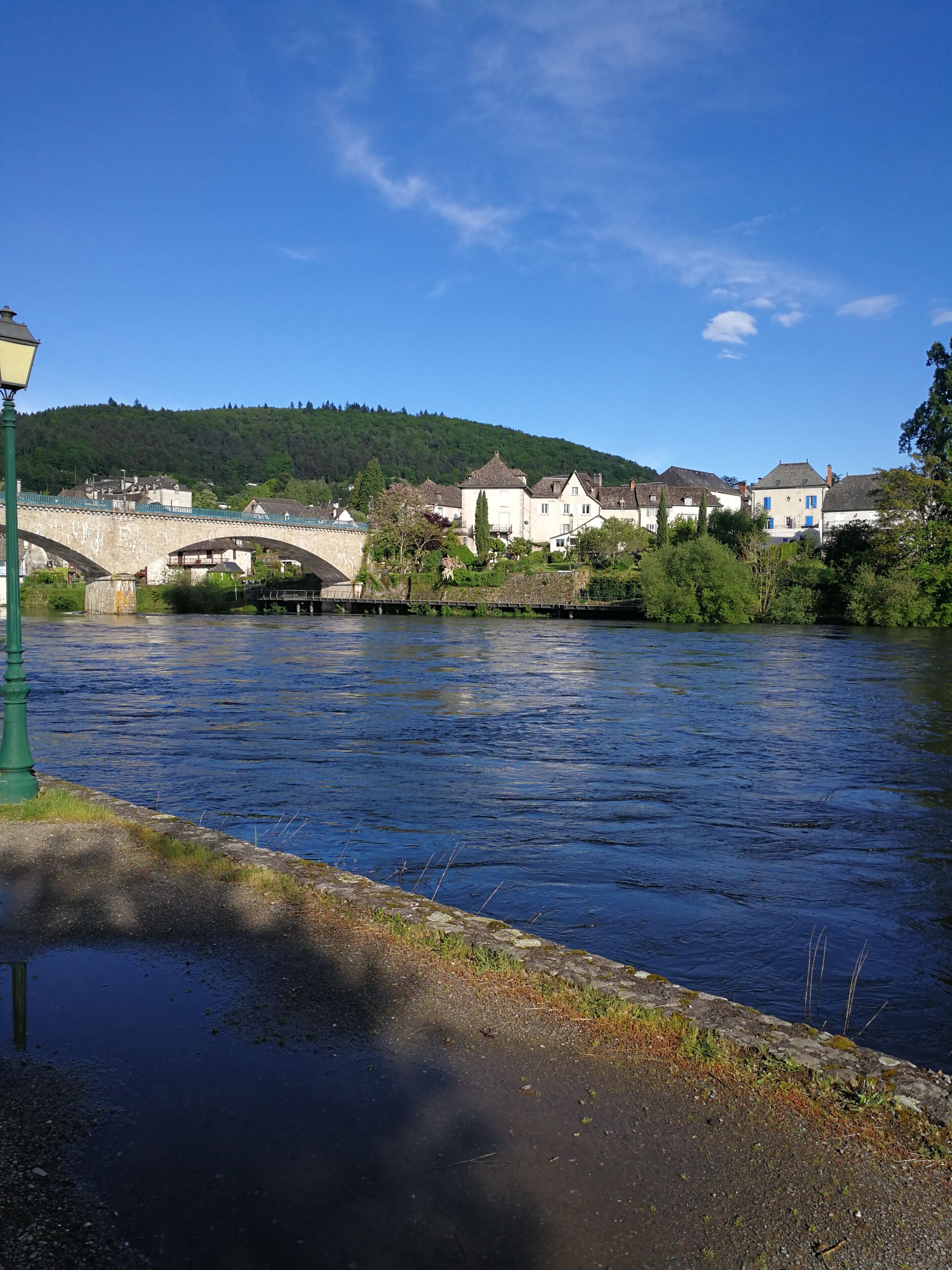 A river with a stone bridge, houses with visible windows, and a green lamp post.