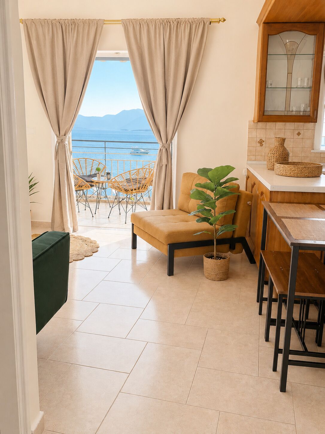 Zona giorno con vista sul mare, un tavolo da pranzo, un divano e angolo cottura.