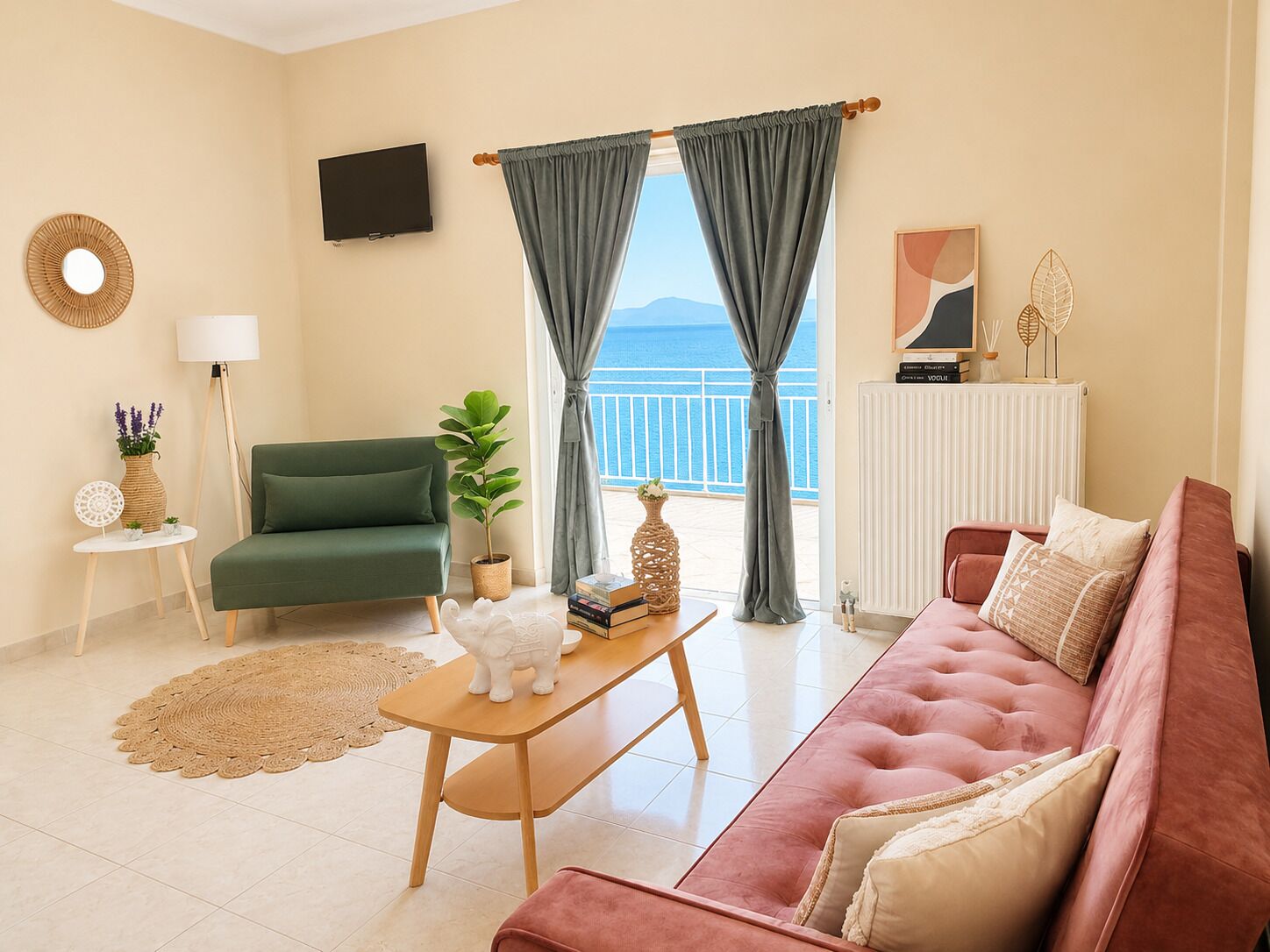 A living room with a green sofa, a pink sofa, a wooden coffee table, a small white table with a lamp, a potted plant, and a view of the sea through large windows.