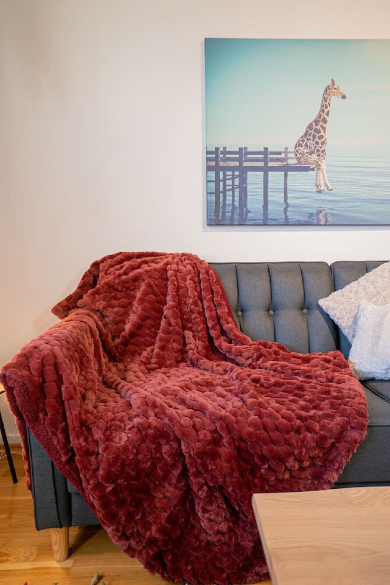 Een kamer met een grijze bank, een rode deken, een houten bijzettafeltje en een schilderij van een giraffe op een steiger.