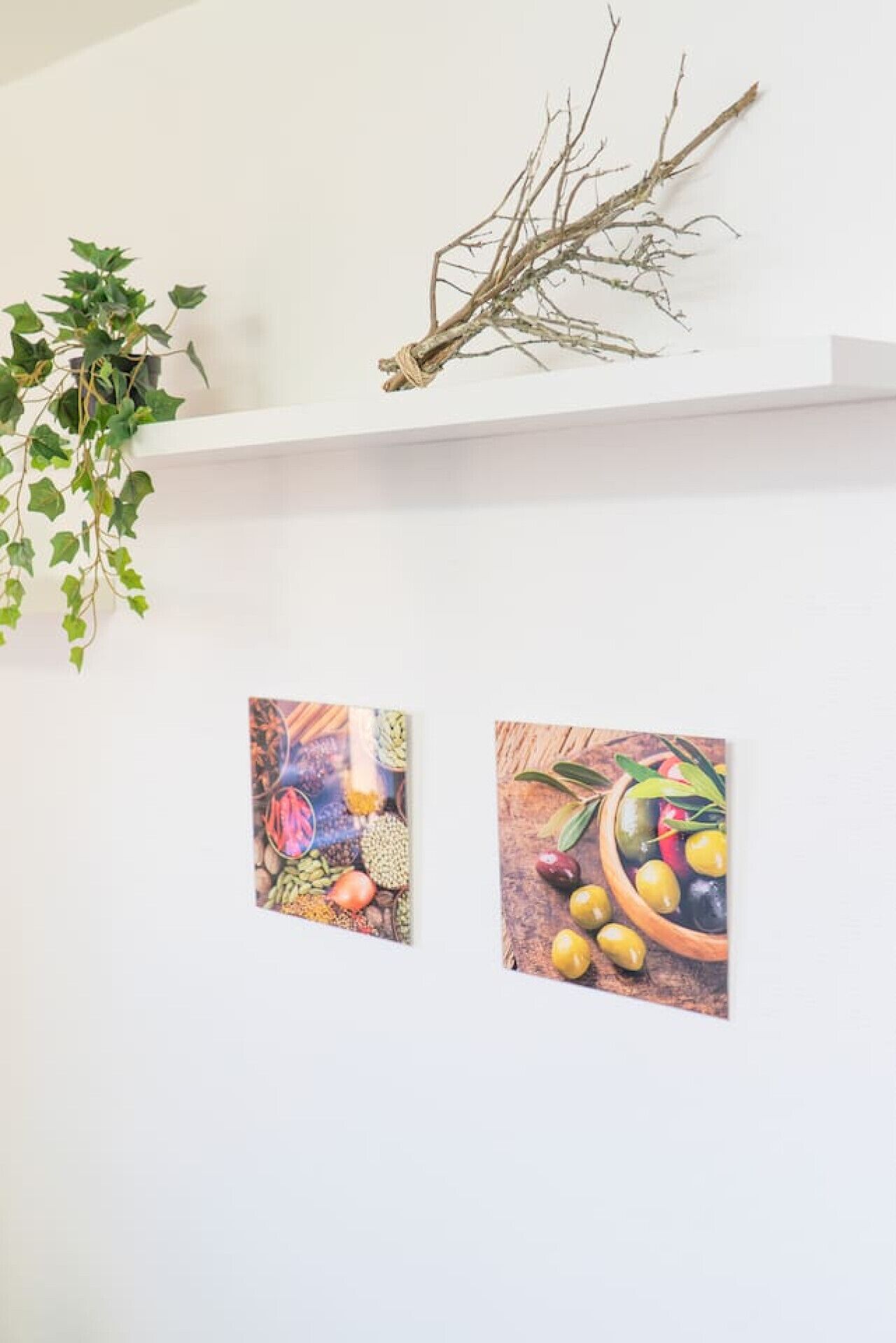 Twee kunstwerken in lijsten hangen aan een witte muur, een plant aan de linkerkant en een tak aan de rechterkant.