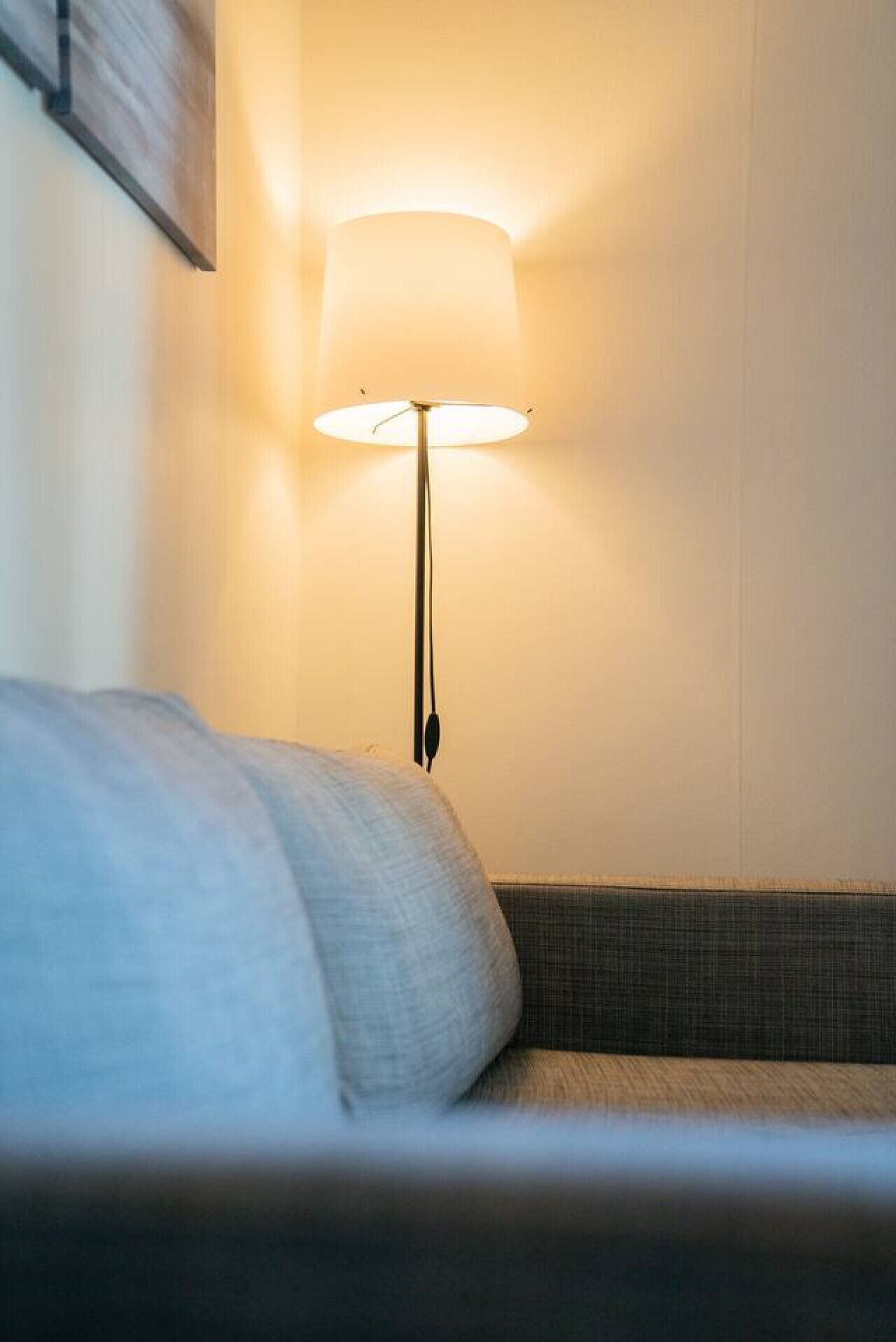 A modern room with a single bed, a nightstand, and a floor lamp.
