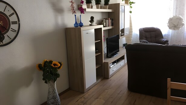 A living room with a sofa, a TV, a clock, and a vase with flowers. - Holiday Apartment for 2 Guests (63 m²) in Zittau (Zittau)