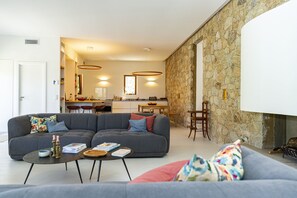 A living room with a grey sectional sofa, a coffee table, and a fireplace. - Beautiful house on the edge of the charming village of Pigna (Pigna)