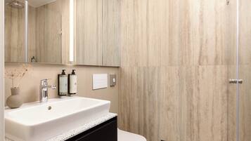 Shower, hair dryer, towels, soap