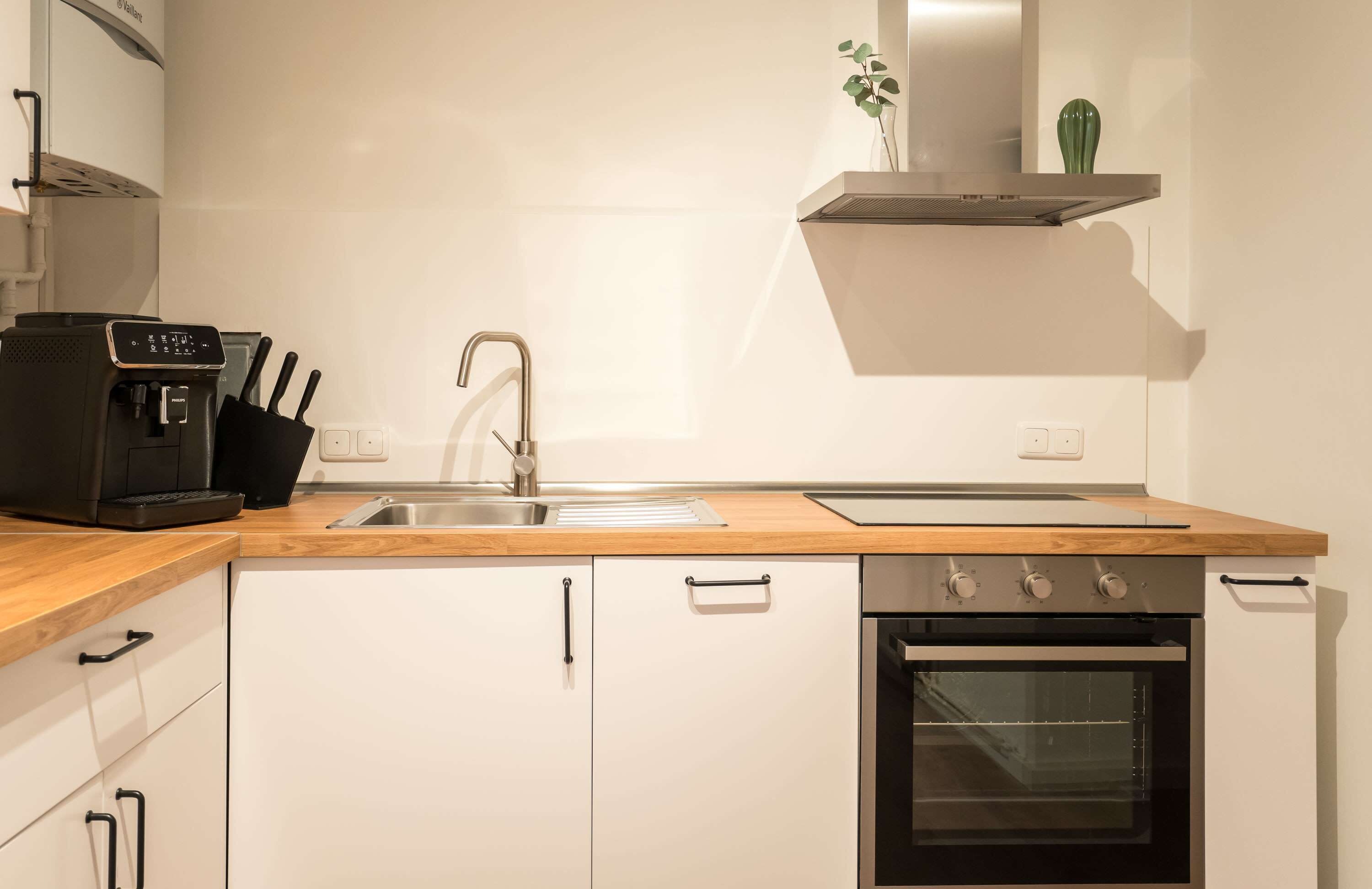 Eine moderne Küche mit Backofen, Kaffeemaschine und Spüle aus Edelstahl.