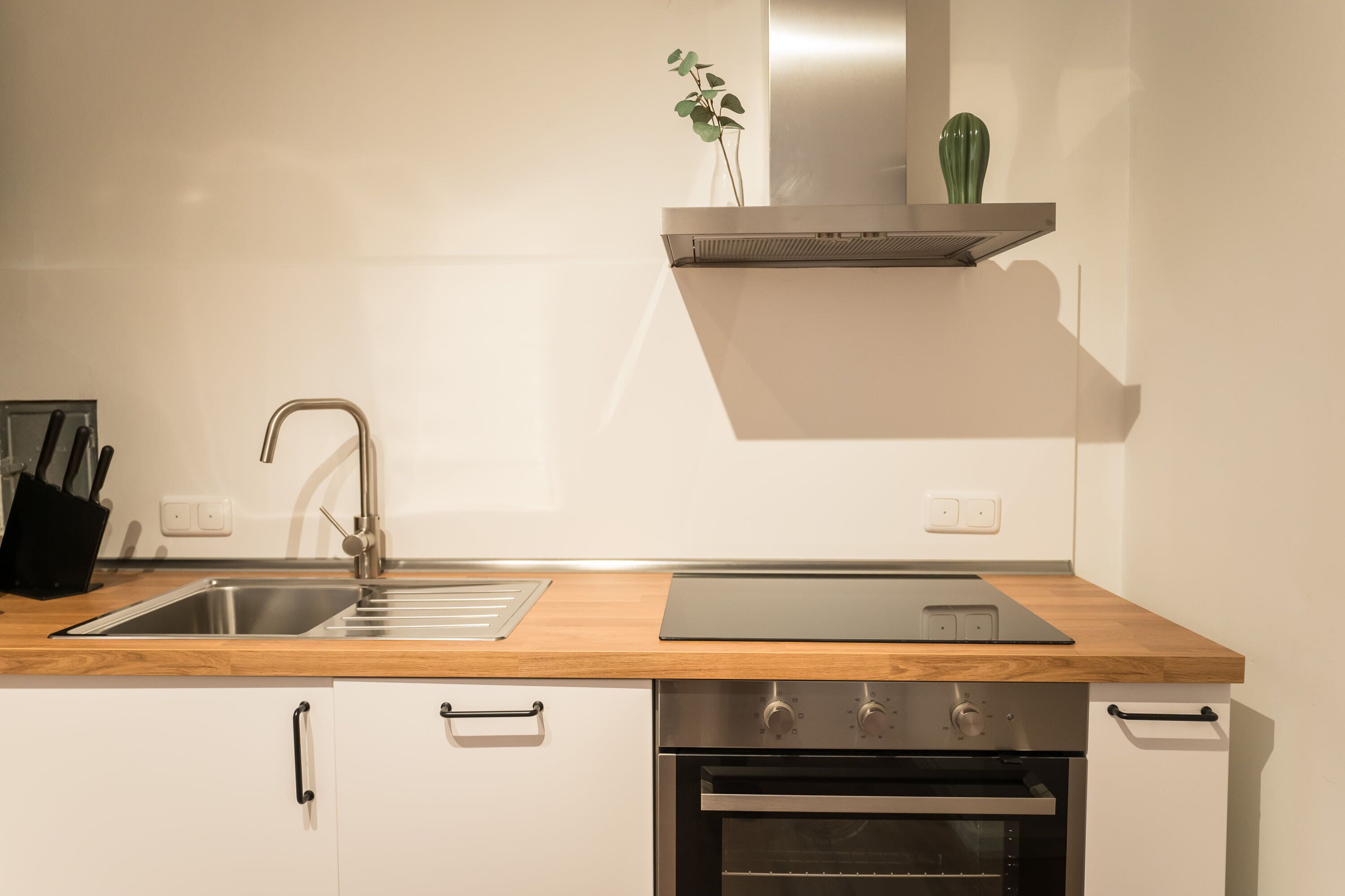 Een koelkast, een oven, een kookplaat, een vaatwasser