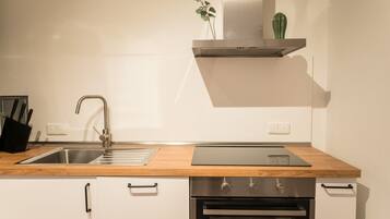 Een koelkast, een oven, een kookplaat, een vaatwasser