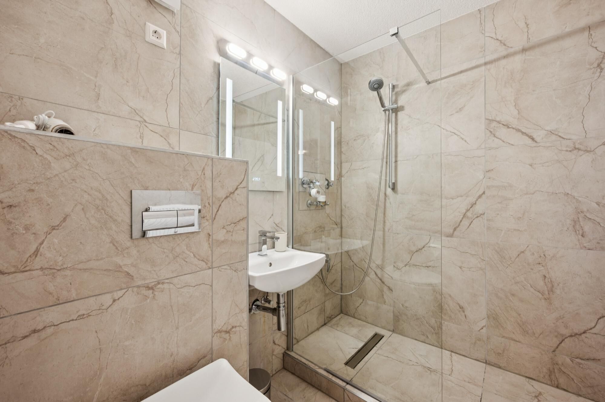 Hair dryer, towels, soap, toilet paper
