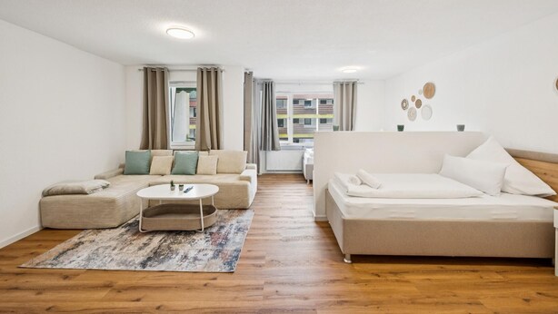 A modern living room with a sofa, a smaller couch, a coffee table, and a patterned rug.