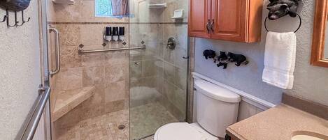 Shower, hair dryer, towels, soap