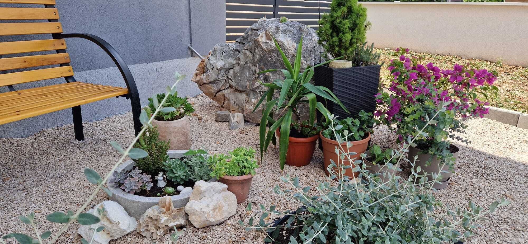 A garden with various potted plants, a bench, and a rock formation.