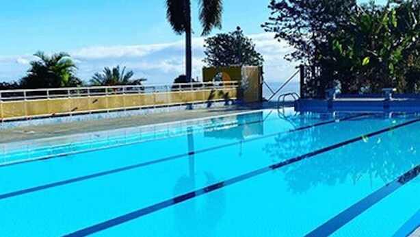 A clear blue swimming pool with lane dividers, surrounded by a fence and palm trees. - Charming Cottage with Sea View and Jacuzzi in Saint-Paul (Le Guillaume)