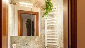 Een badkamer met een wastafel, spiegel, handdoekrek, bidet en een potplant.