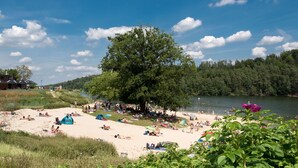 A beach with people sunbathing, a large tree, and a river in the background. - Holiday Apartment for 2 People (45 m²) in Bad Arolsen (Bad Arolsen)