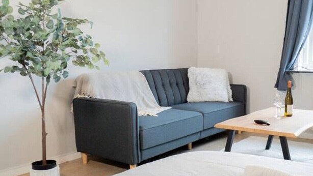 A modern, minimalist room with a sofa, a small table, a hanging light fixture, and a potted plant.