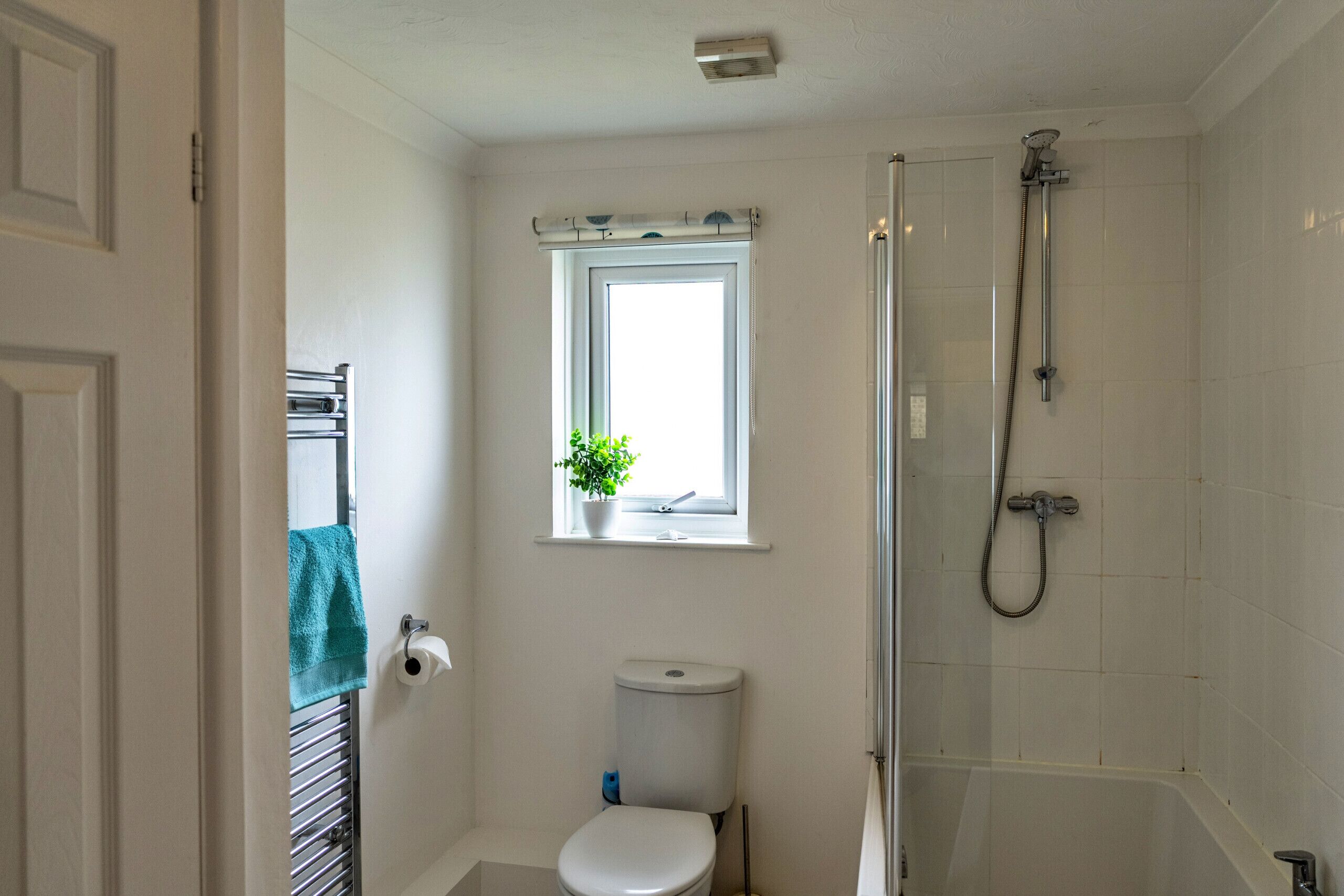 Ein kleines Badezimmer mit Toilette, einem Fenster mit Pflanze, einer Dusche und einem Handtuchhalter.