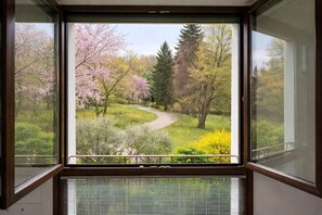 A window with a view of a park with trees and a path. - Water & Light (Piemonte)