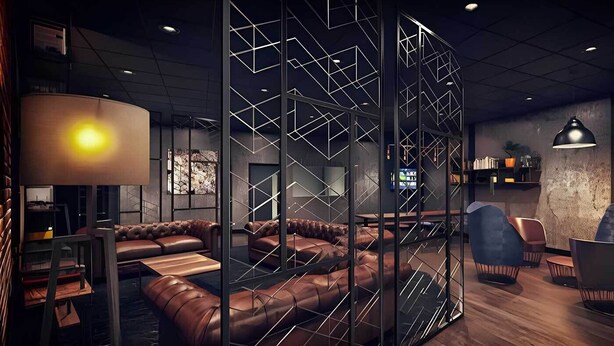 A modern interior with leather sofas, a wooden table, and a geometric metal partition. - Student Only Non Ensuite Room Ivy Halls (London)