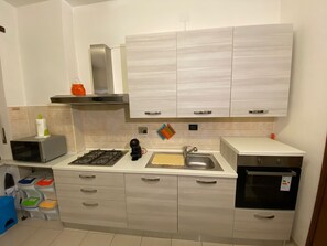 A modern kitchen with a gas stove, stainless steel sink, and white cabinetry. - Appartamento confortevole con doccia idromassaggio (Torino)