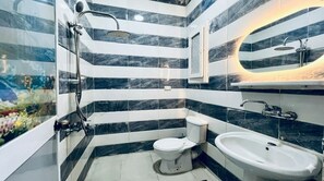 Hair dryer, towels, soap, toilet paper