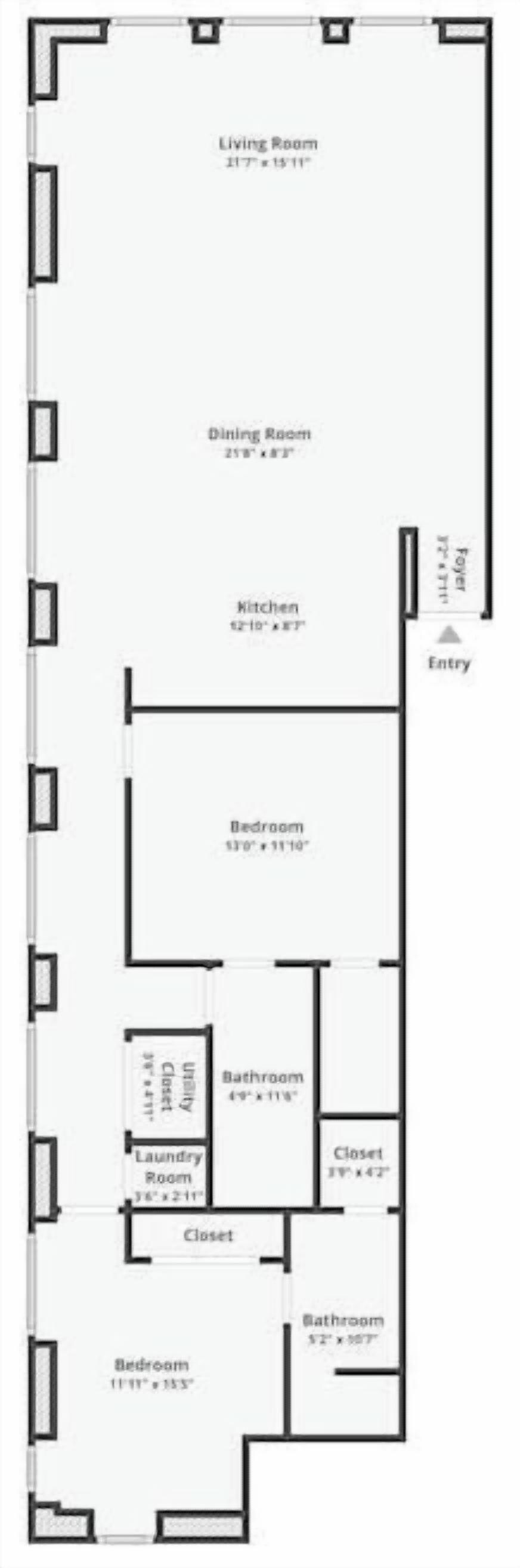 Un plano de planta que muestra una sala de estar, comedor, cocina, dos dormitorios, dos baños, un lavadero y un armario.