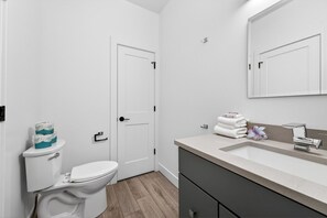 A bathroom with a toilet, sink, and mirror. - The Lofts - Unit 2 (Fennville)